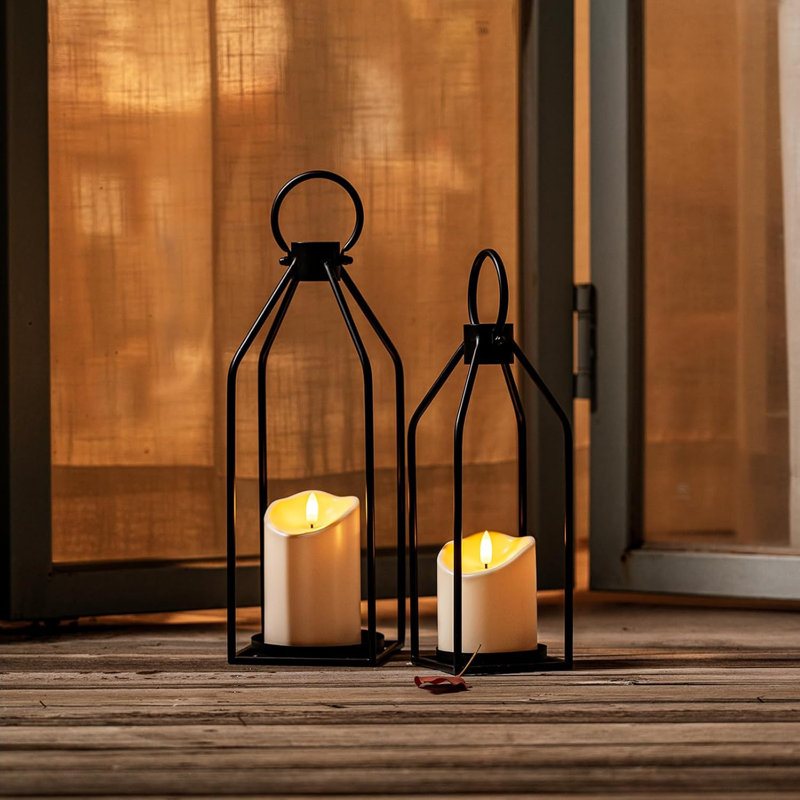 The Holiday Aisle Modern Farmhouse Lantern Decor With Waterproof Flameless Candle Remote Timer 2Pcs Black Metal Candle Lantern Decorative For Outdoor Indoor Home Living Room Patio Porch Table Black Wa...